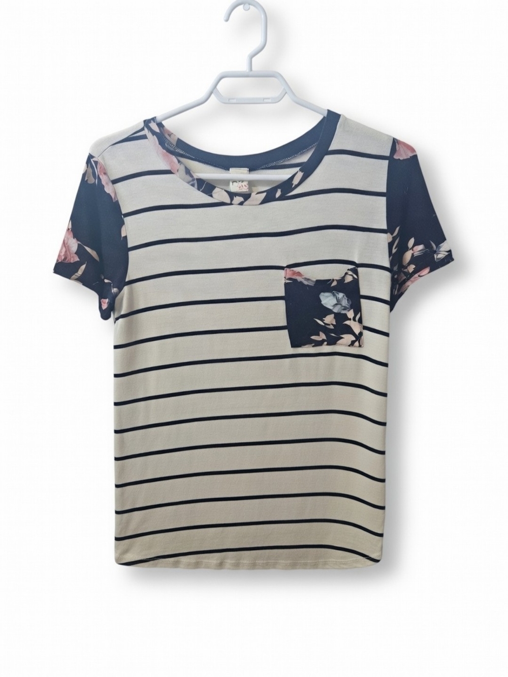 7th Ray Cream Tee with Black Stripes and Floral Trim